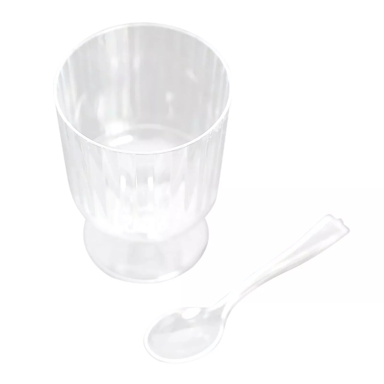 24 Clear 5 oz Ribbed Round Plastic Dessert Cups Spoons Set Party Events Supplies